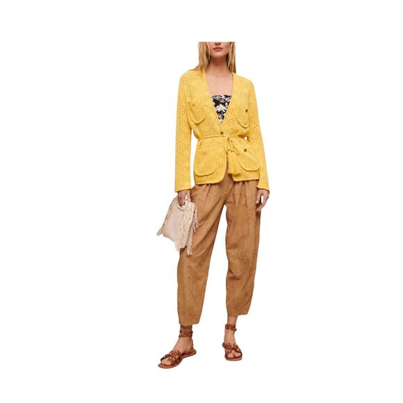 Maje Medina Jumper Yellow Open Knit Belted Pockets Paris Cardigan, Size Small - Picture 1 of 15